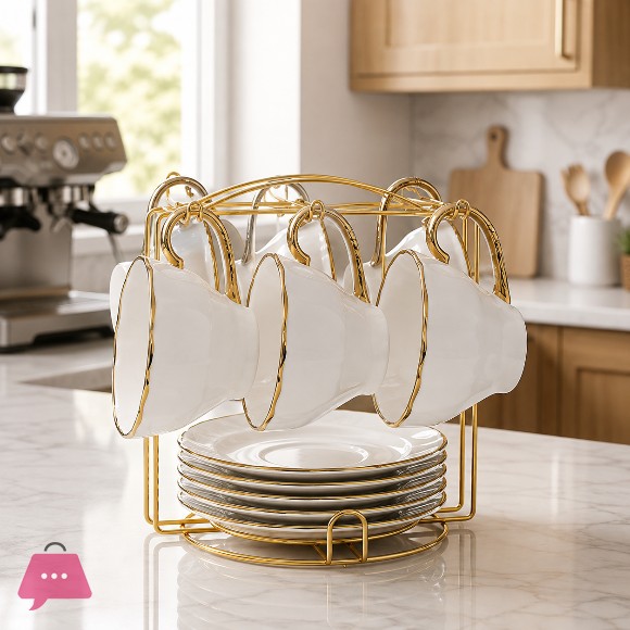 Luxury Ceramic Tea Cup Set with Gold Stand – 6 Cups & 6 Saucers