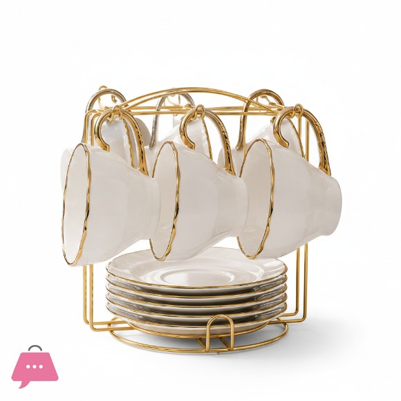 Luxury Ceramic Tea Cup Set with Gold Stand – 6 Cups & 6 Saucers