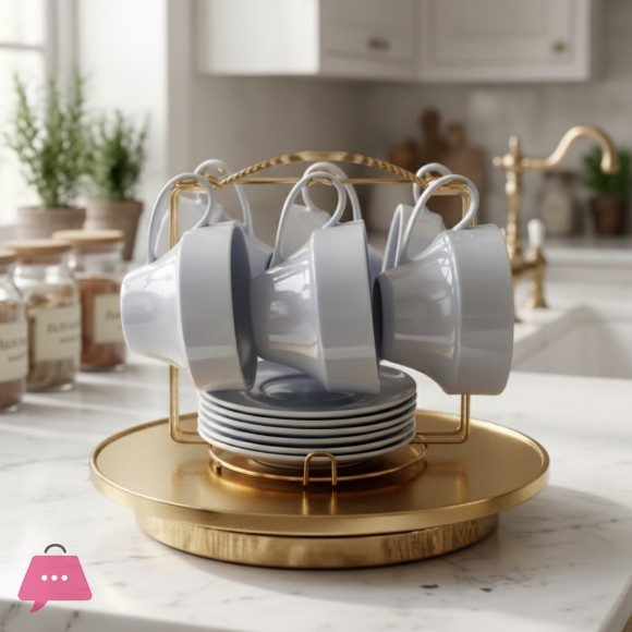 Luxury Ceramic Tea Cup Set with Gold Stand – 6 Cups & 6 Saucers