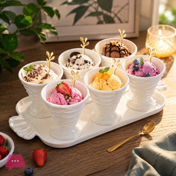 Macaron Shiny Pearl Glaze Creative Ceramic Ice Cream Cup With Spoon and Tray in 6-Pcs Set