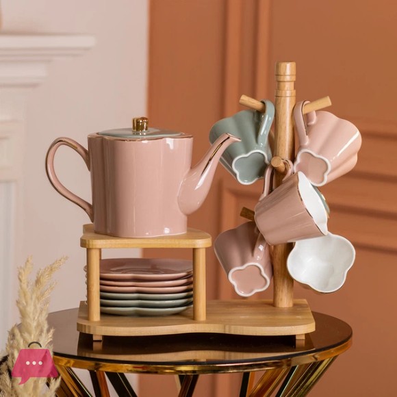 New Stylish Tea Set With Bamboo Stand - 14 pieces