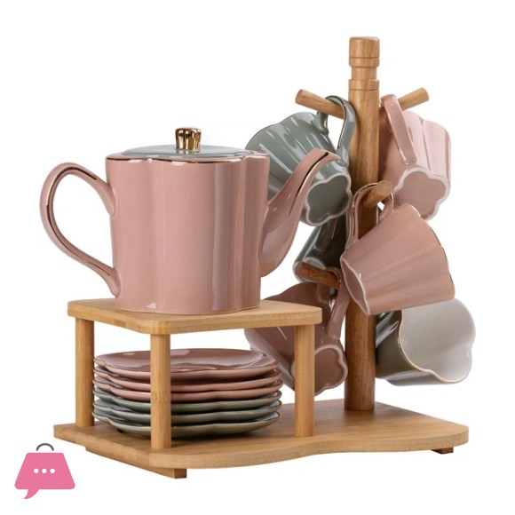 New Stylish Tea Set With Bamboo Stand - 14 pieces