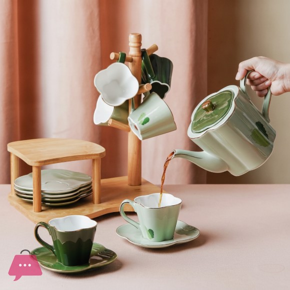 New Stylish Tea Set With Bamboo Stand - 14 pieces