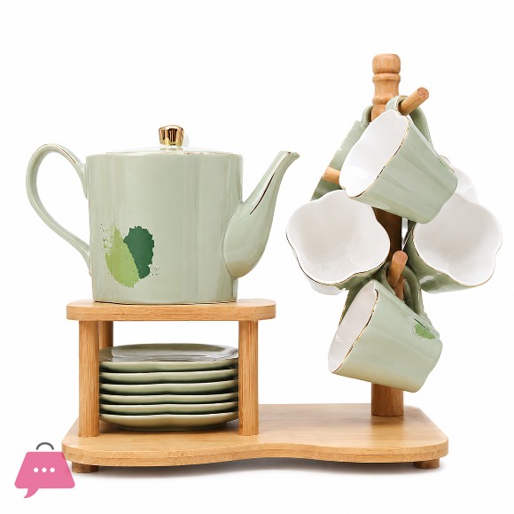 New Stylish Tea Set With Bamboo Stand - 14 pieces