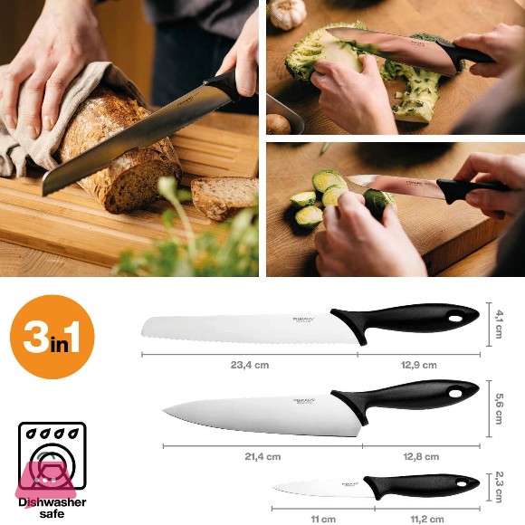 Original Fiskars Essential Starter Set Plastic Black Knife Set 1065583