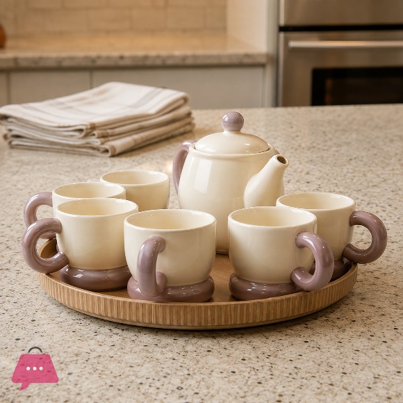 Pastel Color Ceramic Teapot Set with Revolving Tray