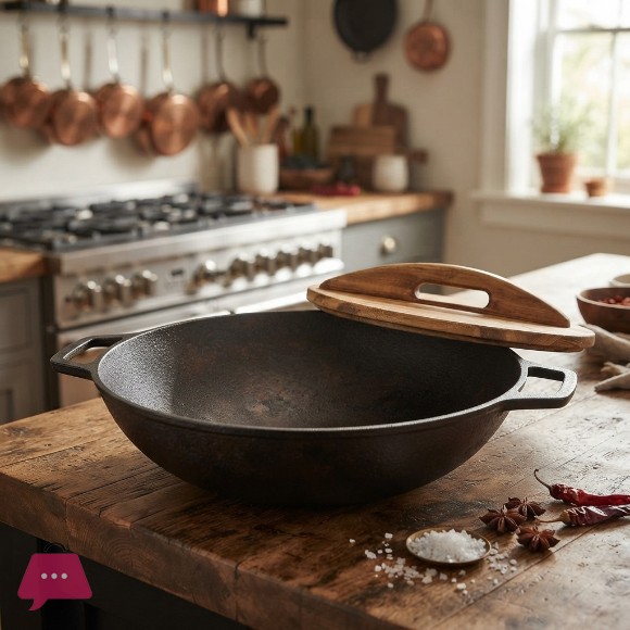Pre Seasoned CAST IRON WOK with Wood Lid
