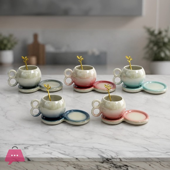 Koren Style Ceramic Coffee Cups with Saucers and Spoon 1Pcs