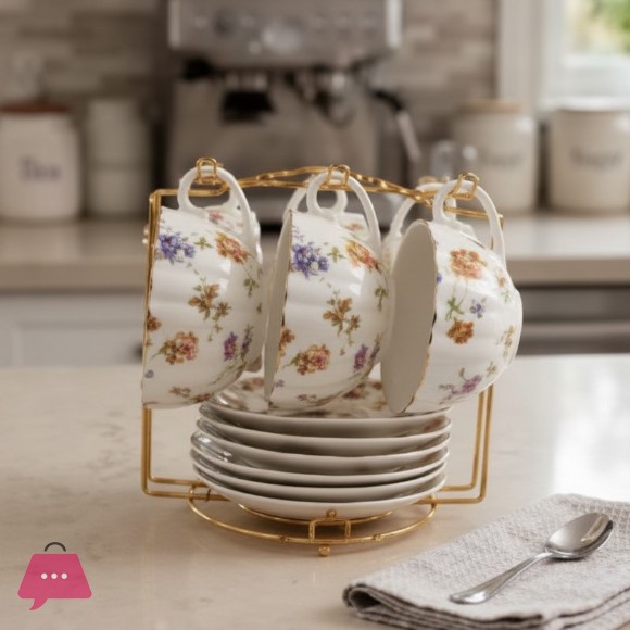 Luxury Floral Ceramic Tea Cup Set with Gold Stand – 6 Cups & 6 Saucers