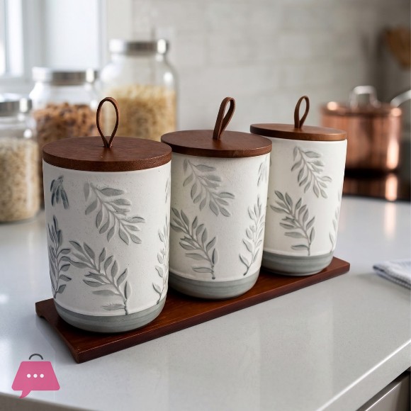 Ceramic Jar Sets with Wooden Lids & Trays Elegant Kitchen Storage for Spices Tea & Coffee Sugar