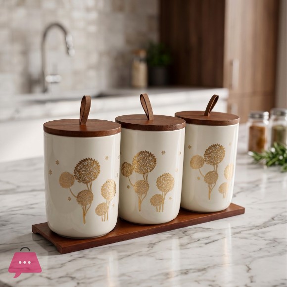 Ceramic Jar Sets with Wooden Lids & Trays Elegant Kitchen Storage for Spices Tea & Coffee Sugar