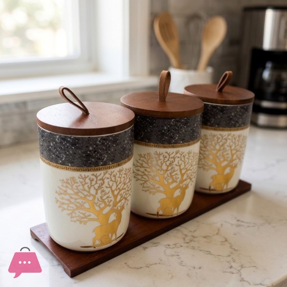Ceramic Jar Sets with Wooden Lids & Trays Elegant Kitchen Storage for Spices Tea & Coffee Sugar