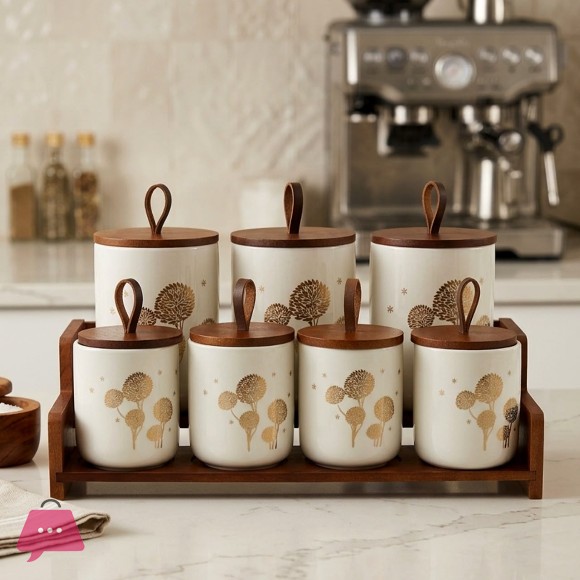 Ceramic Storage Jar Set with Wooden Lids and Display Stand