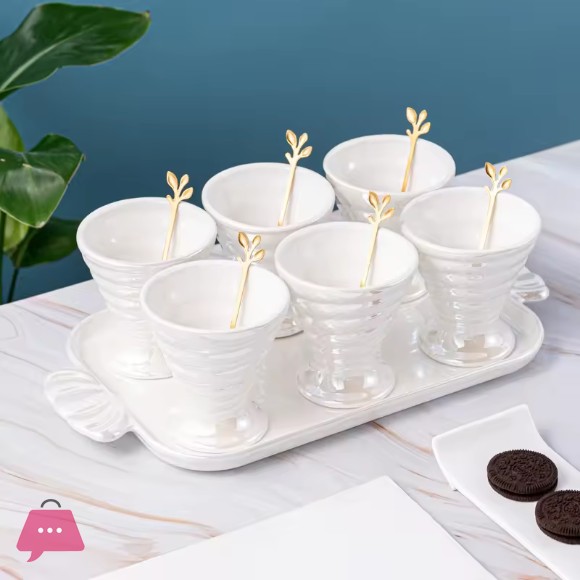Macaron Shiny Pearl Glaze Creative Ceramic Ice Cream Cup With Spoon and Tray in 6-Pcs Set