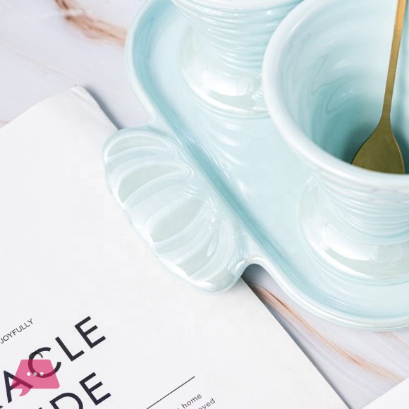 Macaron Shiny Pearl Glaze Creative Ceramic Ice Cream Cup With Spoon and Tray in 6-Pcs Set