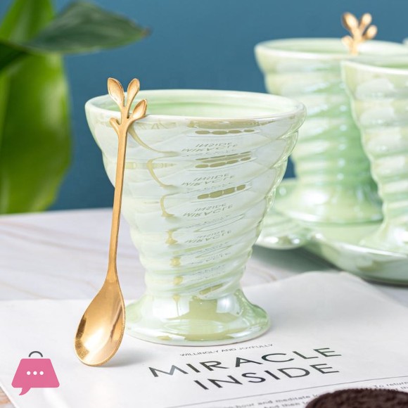 Macaron Shiny Pearl Glaze Creative Ceramic Ice Cream Cup With Spoon and Tray in 6-Pcs Set