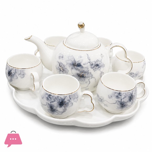 Elegant Flower Ceramic Tea Set with Revolving Tray