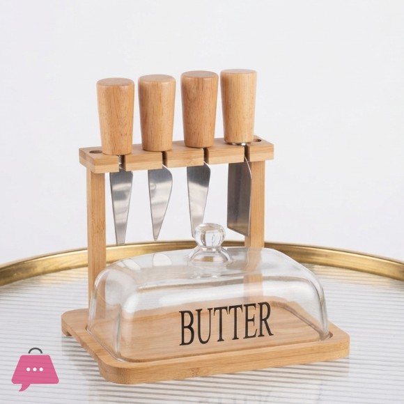 Wooden Butter Set Holder Glass Lid 4 Knives of Different Shapes