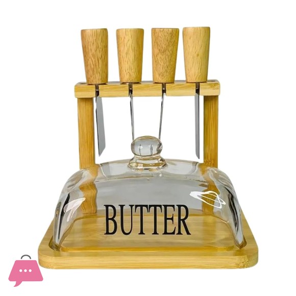 Wooden Butter Set Holder Glass Lid 4 Knives of Different Shapes