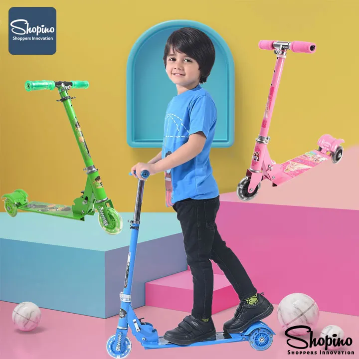 Shopino Kids Scooter Foldable - Black &amp; Transparent Wheel - Bacchon ki Scooty - Adjustable Height - 2-8 Years Kids