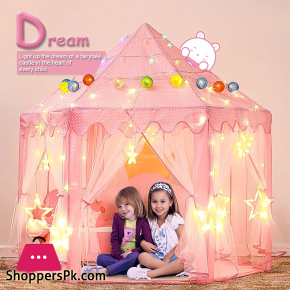 Princess Castle Indoor Outdoor Fairy House Kids Play Tent - With Star Lights
