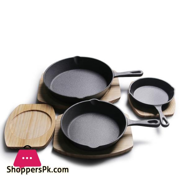 Cast Iron Pan Skillet Frying Pan Cast Iron with Wood Plate Best Heavy Duty Professional Seasoned Pan Cookware For Frying Saute Cooking 20-CM
