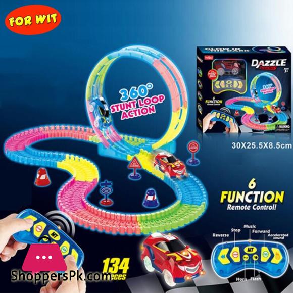 Dazzle luminous tracks with 6 function remote control car, r/c racing stunt car 134 part rail, kids riding educational toys