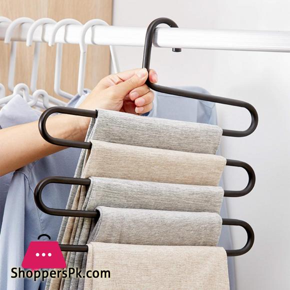 Metal Trousers Hanger - 5 Layers S Shape Multi function Pants Storage Hangers Closet Belt Holder Rack Saving Space 1-Pcs