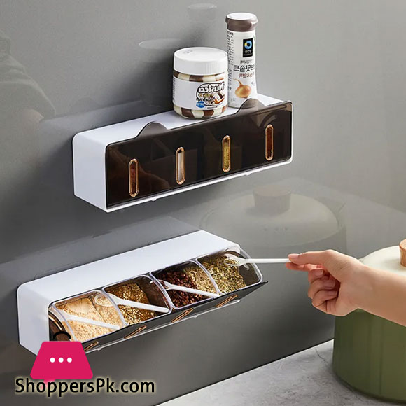 Wall Mounted Spice Container Stackable Drawer 4 Condiment Box Salt Pepper Storage Hodler Kitchen Organizer with Hooks