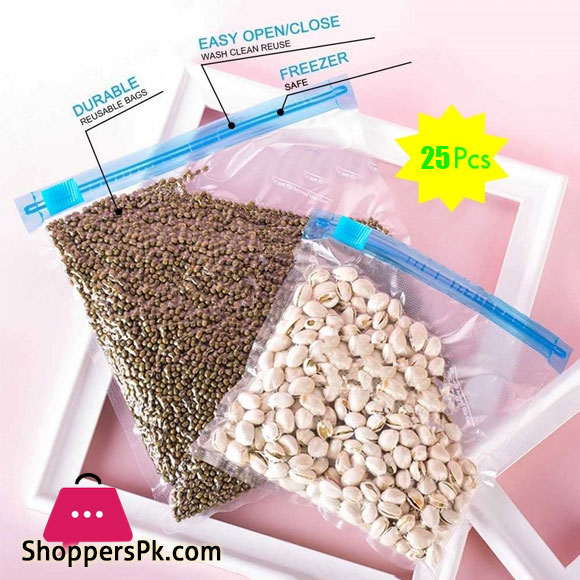 Pack of 25 Food Storage Freezer Bags With Zip lock Slider Airtight And Leak-Proof Plastic 7 x 9.5 Inch