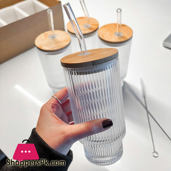Ribbed Drinking Glasses with Bamboo Lids and Straws 400 &amp; 500ml
