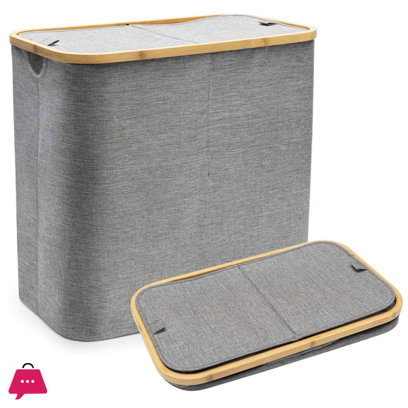 2 Portion Collapsible Laundry Basket with Lid Bamboo Frame for Dirty Clothes Storage