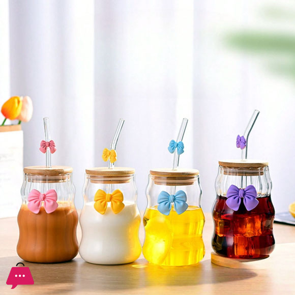 Bow Sipper with Glass Straw with Bamboo Lid Tumbler for Iced Coffee Smoothies Juice &amp; Milk