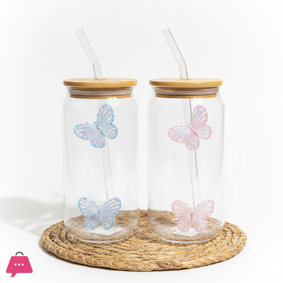 Butterfly Ice Tea  Glass with Straw &amp; Lid